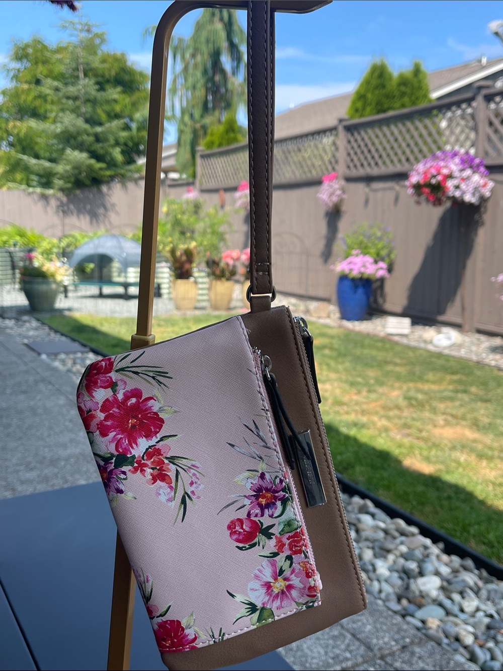 Nine West Pink Floral Wristlet Clutch with Brown Trim